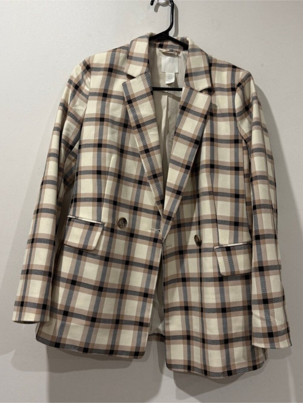 H&M Plaid Blazer Jacket | Beige & Black Check | XS - Picture 2 of 9